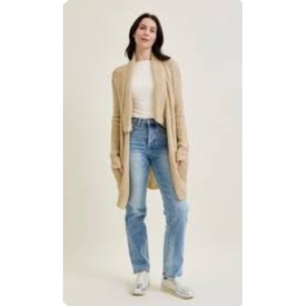 Judy Blue Chunky Knit Open‎ Front Cardigan Sweater Beige Wool Blend Medium/Large